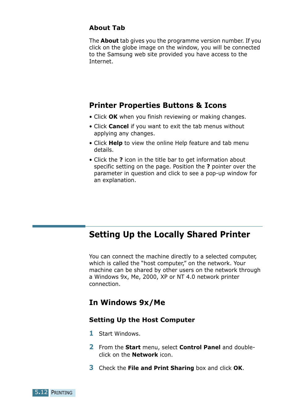 Printer properties buttons & icons, Setting up the locally shared printer, In windows 9x/me | Samsung SCX-5115 User Manual | Page 85 / 144