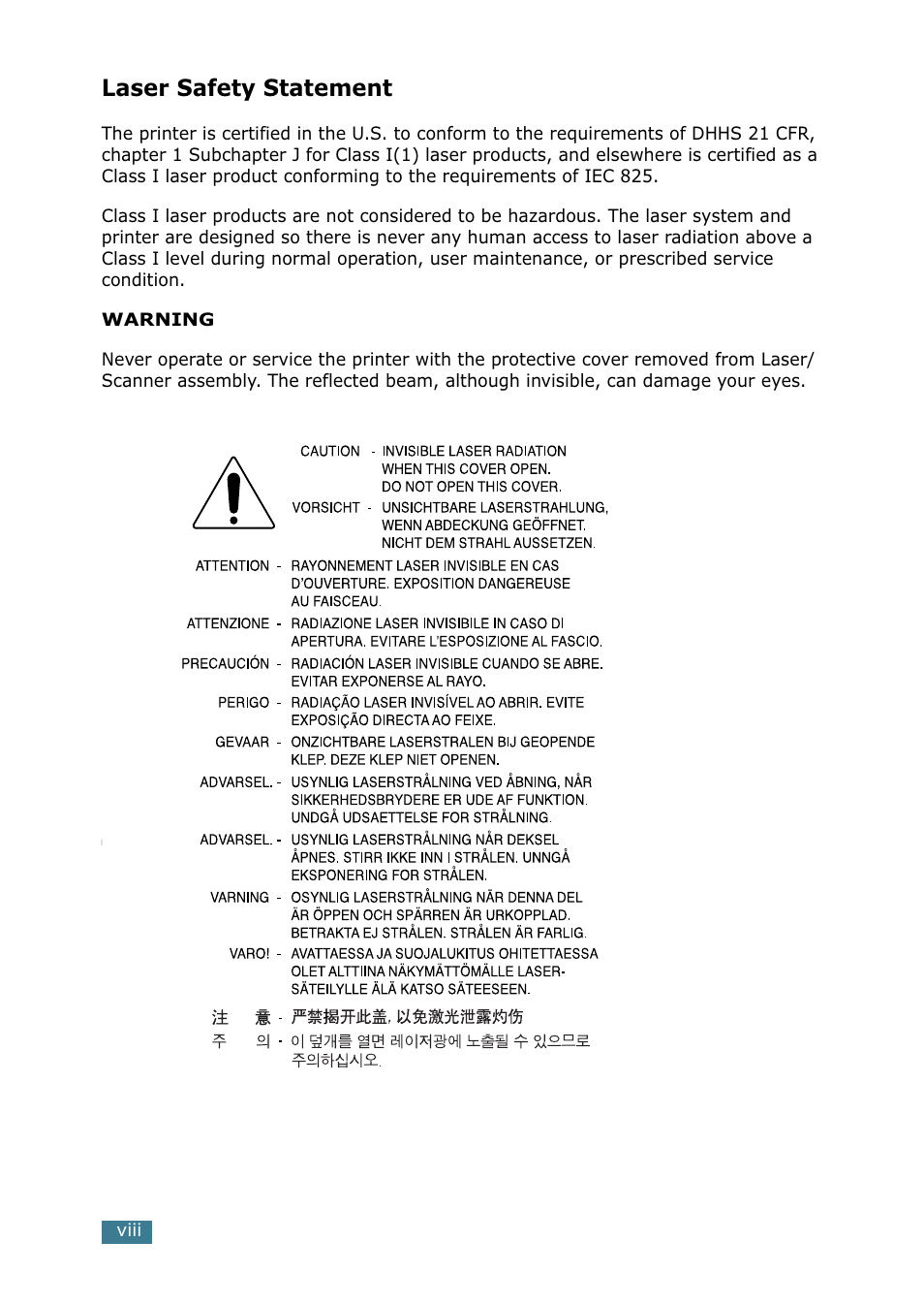 Laser safety statement | Samsung SCX-5115 User Manual | Page 9 / 144