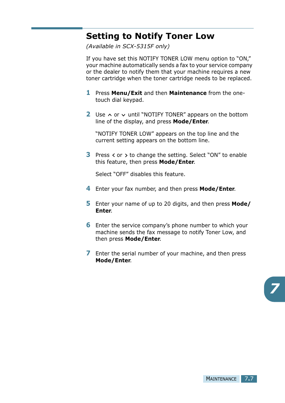 Setting to notify toner low | Samsung SCX-5115 User Manual | Page 98 / 144