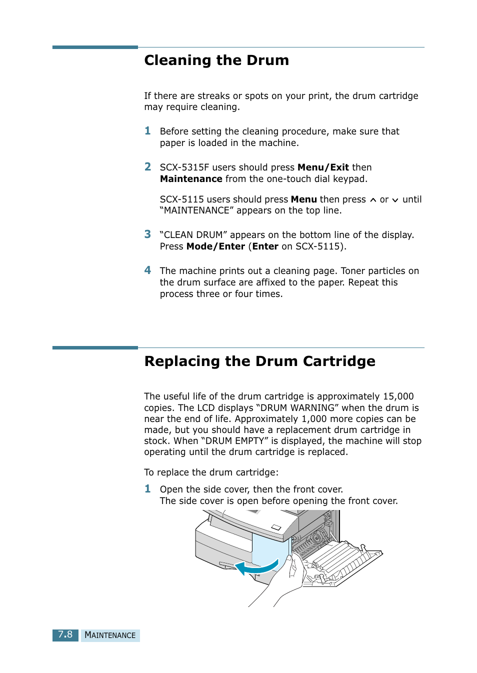 Cleaning the drum, Replacing the drum cartridge, Cleaning the drum replacing the drum cartridge | Samsung SCX-5115 User Manual | Page 99 / 144