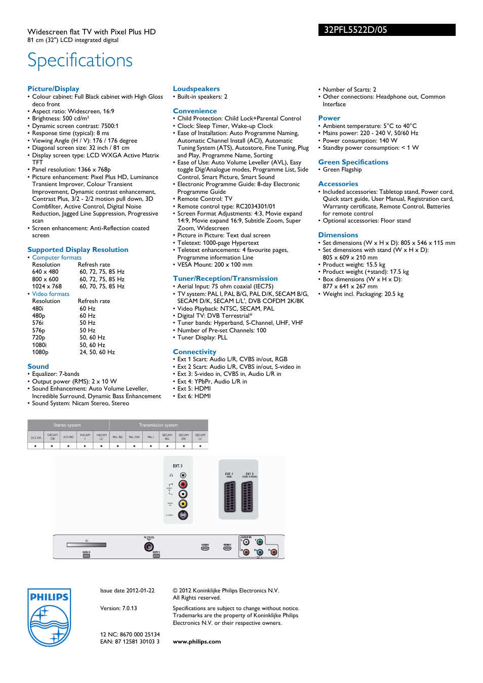 Specifications | Samsung 32PFL5522D User Manual | Page 3 / 3