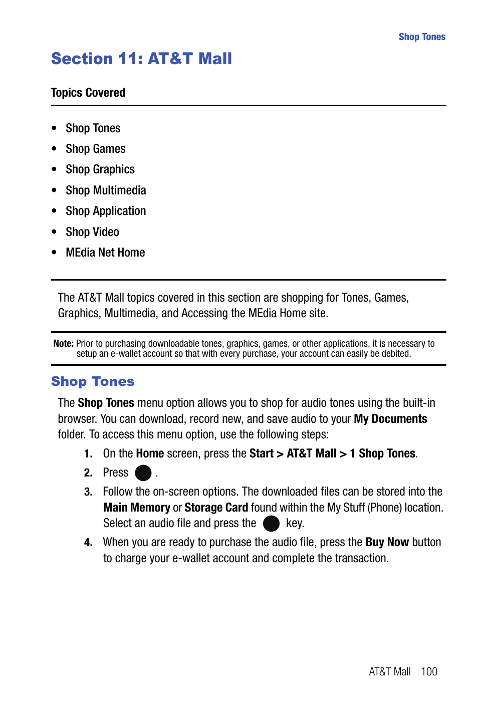 Section 11: at&t mall, Shop tones | Samsung SMART DEVICE SGH-I617 User Manual | Page 103 / 162