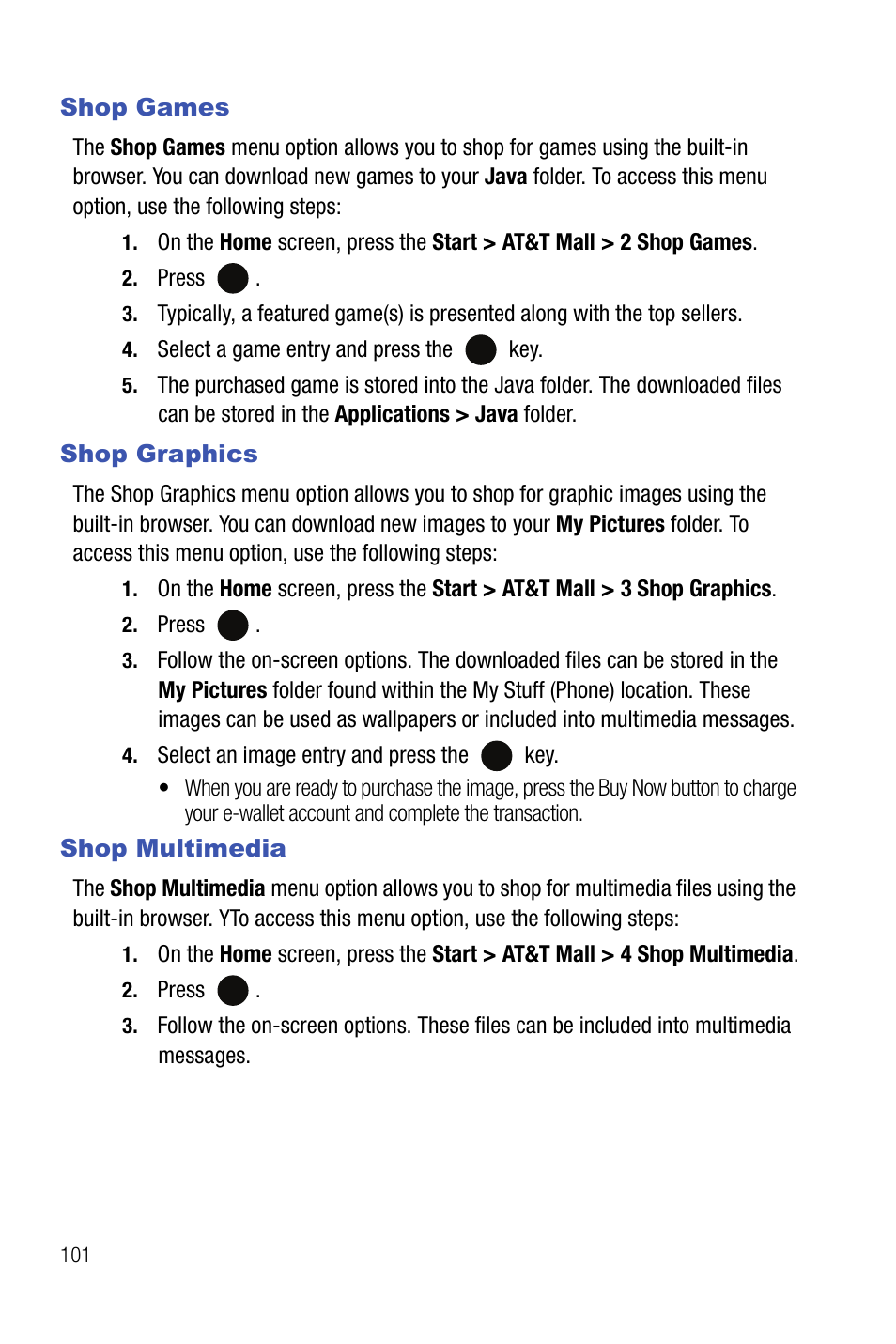 Shop games shop graphics shop multimedia, Shop games, Shop graphics | Shop multimedia | Samsung SMART DEVICE SGH-I617 User Manual | Page 104 / 162