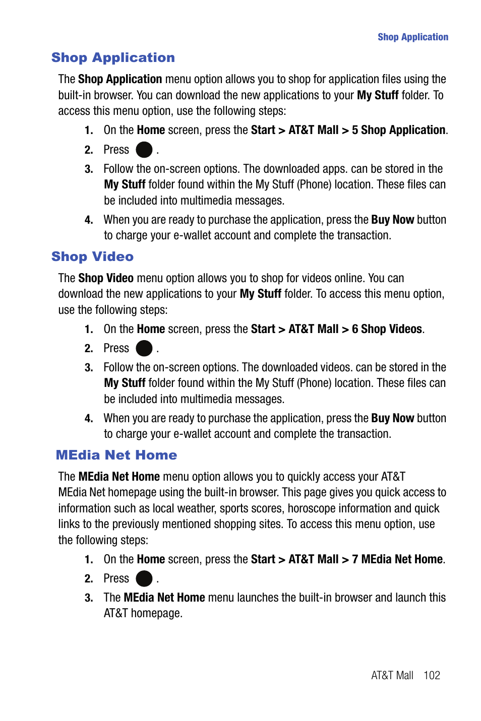 Shop application shop video media net home, Shop application, Shop video | Media net home | Samsung SMART DEVICE SGH-I617 User Manual | Page 105 / 162