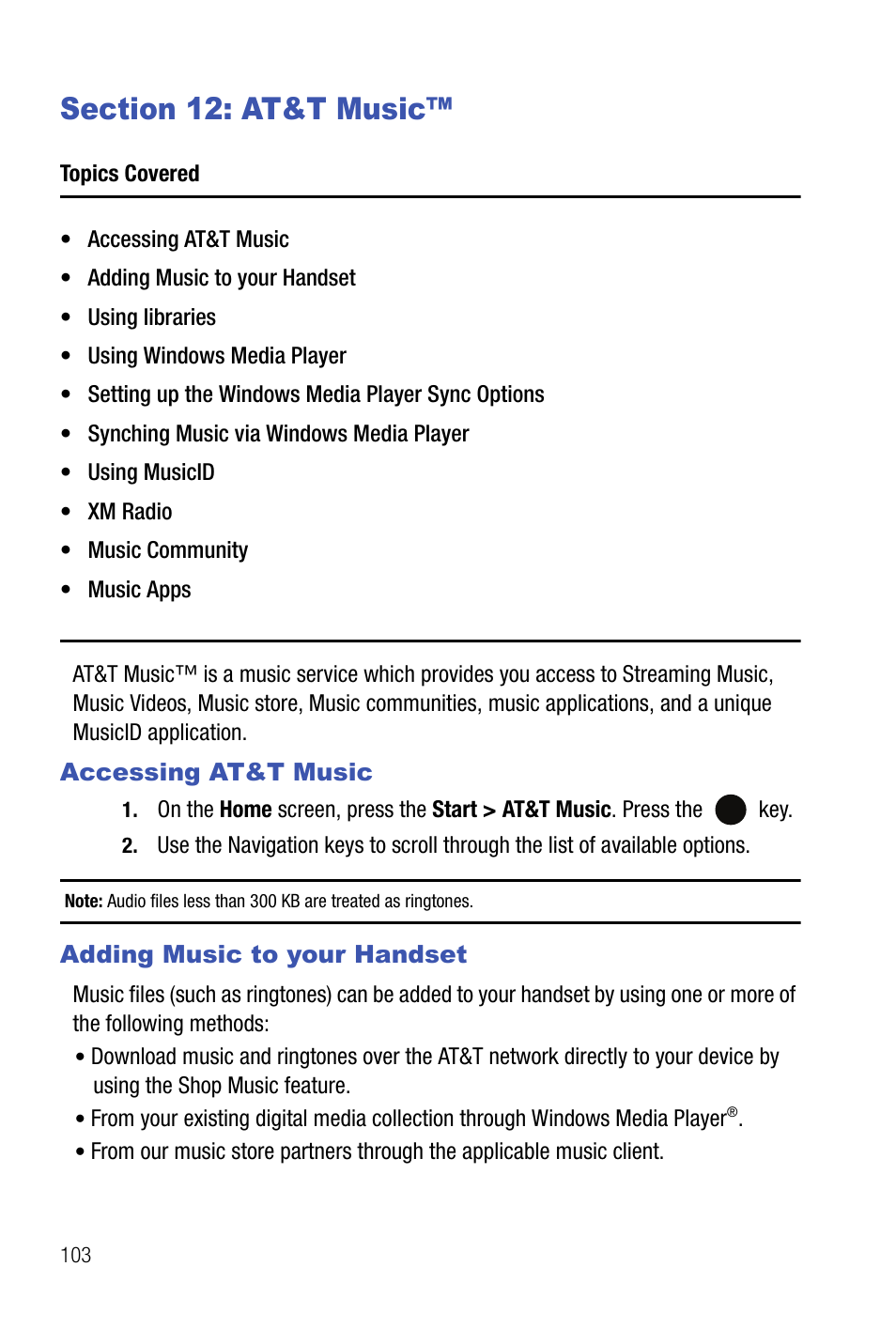 Section 12: at&t music, Accessing at&t music adding music to your handset | Samsung SMART DEVICE SGH-I617 User Manual | Page 106 / 162