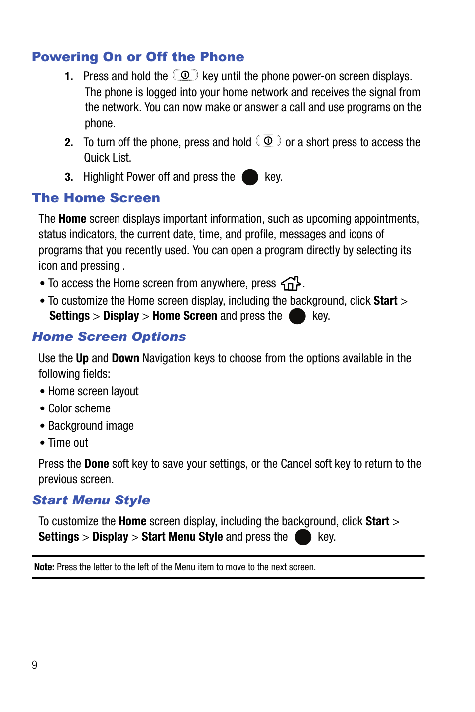 Powering on or off the phone the home screen | Samsung SMART DEVICE SGH-I617 User Manual | Page 12 / 162