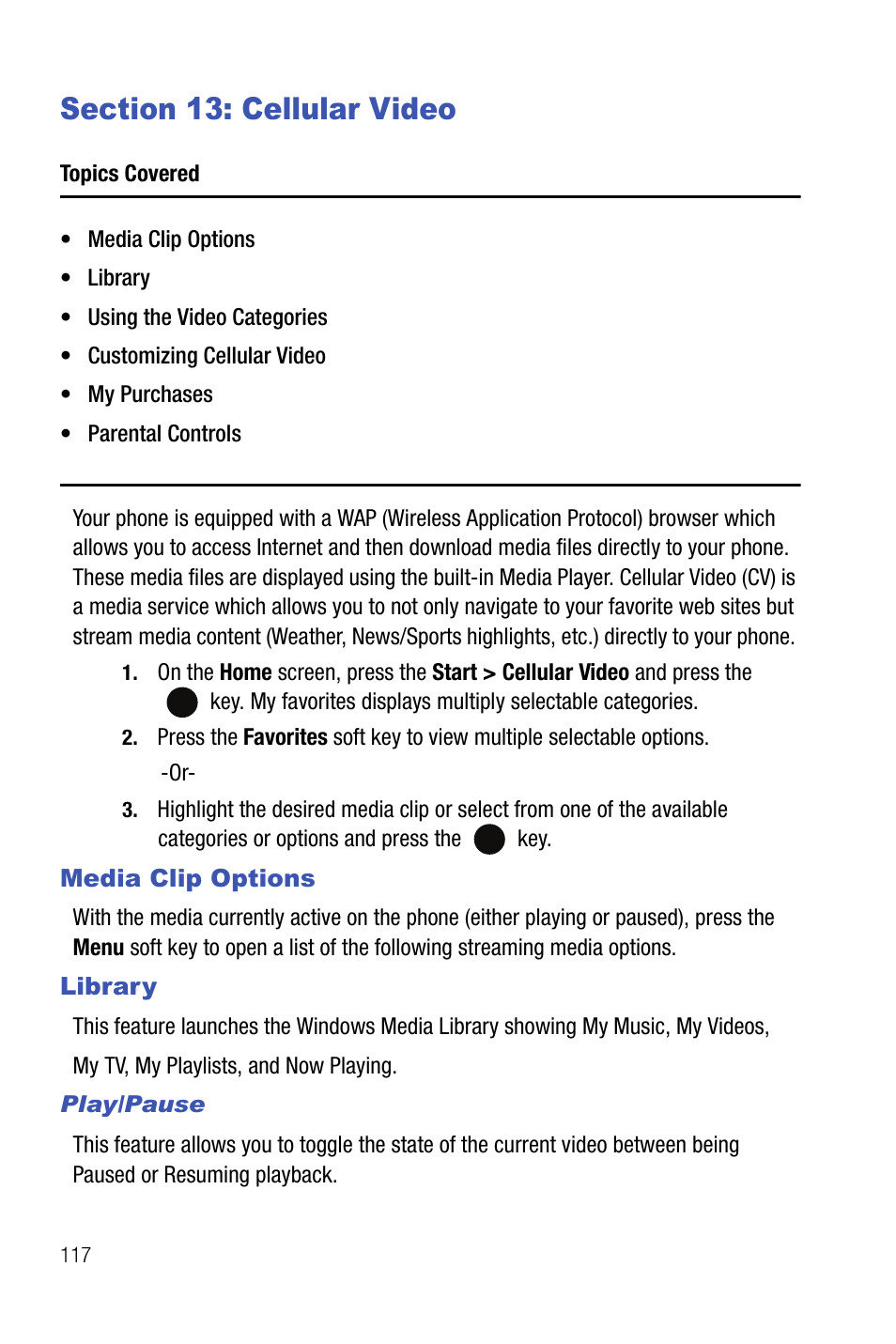 Section 13: cellular video, Media clip options library | Samsung SMART DEVICE SGH-I617 User Manual | Page 120 / 162