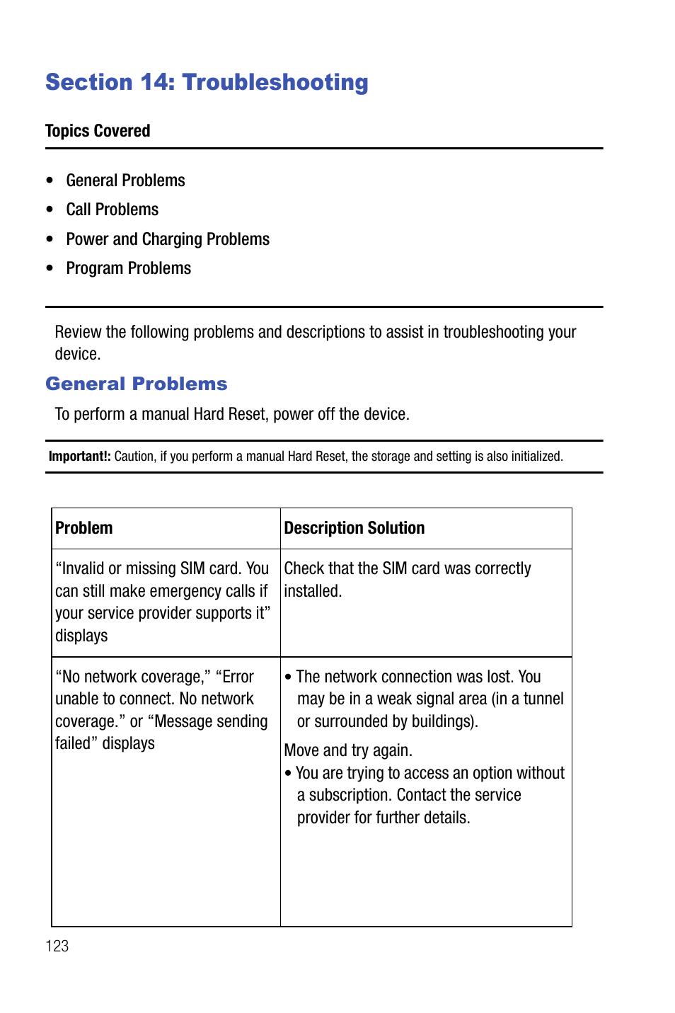 Section 14: troubleshooting, General problems | Samsung SMART DEVICE SGH-I617 User Manual | Page 126 / 162