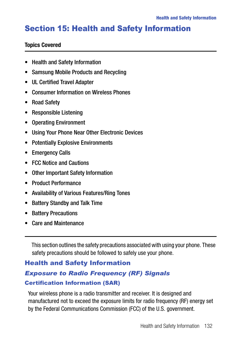 Section 15: health and safety information, Health and safety information | Samsung SMART DEVICE SGH-I617 User Manual | Page 135 / 162
