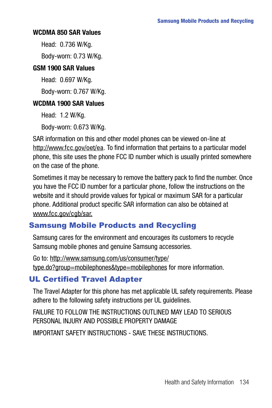 Samsung mobile products and recycling, Ul certified travel adapter | Samsung SMART DEVICE SGH-I617 User Manual | Page 137 / 162