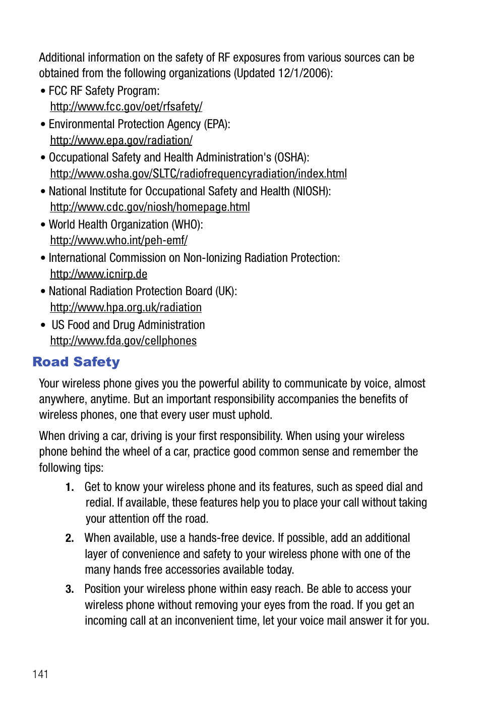 Road safety | Samsung SMART DEVICE SGH-I617 User Manual | Page 144 / 162