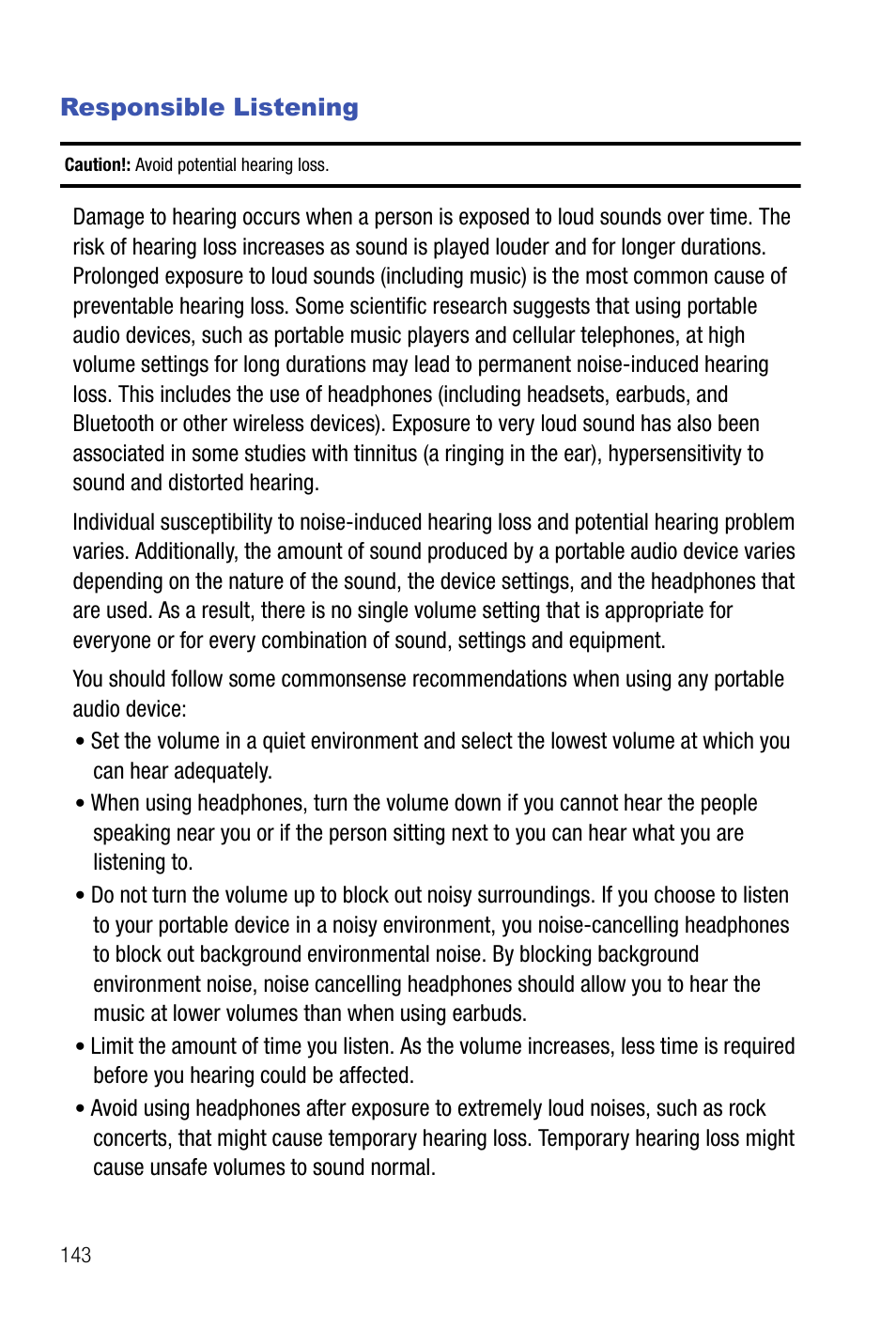 Responsible listening | Samsung SMART DEVICE SGH-I617 User Manual | Page 146 / 162