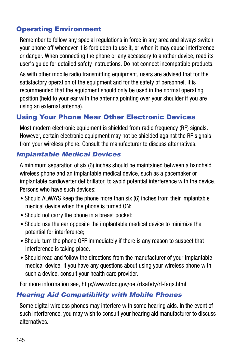 Operating environment, Using your phone near other electronic devices | Samsung SMART DEVICE SGH-I617 User Manual | Page 148 / 162