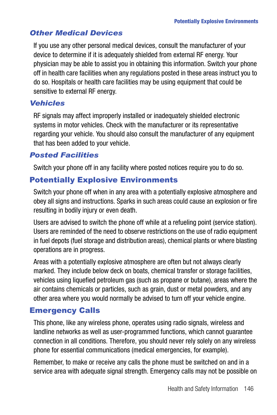 Potentially explosive environments emergency calls, Potentially explosive environments, Emergency calls | Samsung SMART DEVICE SGH-I617 User Manual | Page 149 / 162