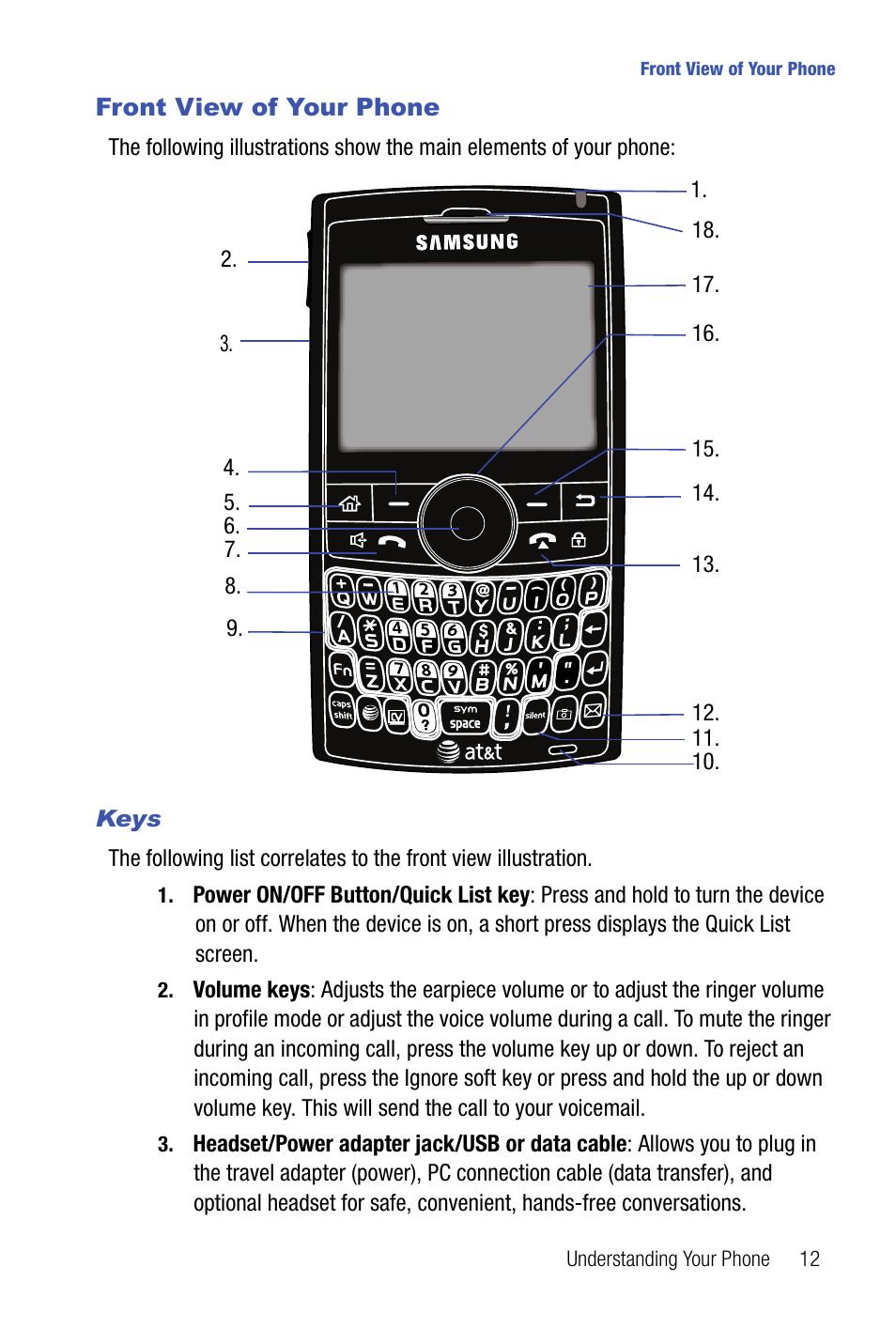 Front view of your phone | Samsung SMART DEVICE SGH-I617 User Manual | Page 15 / 162