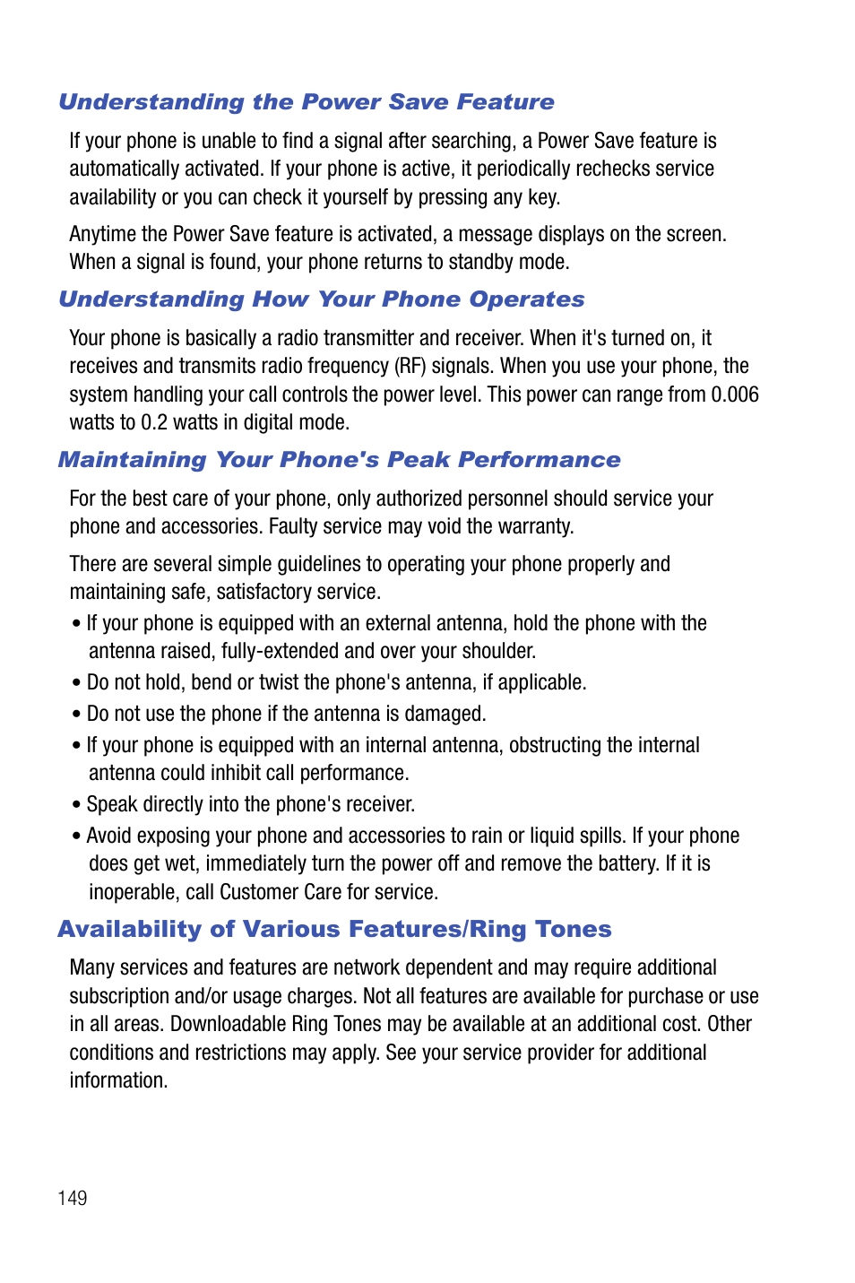 Availability of various features/ring tones | Samsung SMART DEVICE SGH-I617 User Manual | Page 152 / 162