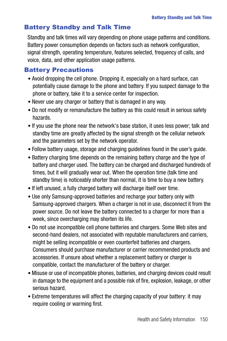 Battery standby and talk time battery precautions, Battery standby and talk time, Battery precautions | Samsung SMART DEVICE SGH-I617 User Manual | Page 153 / 162