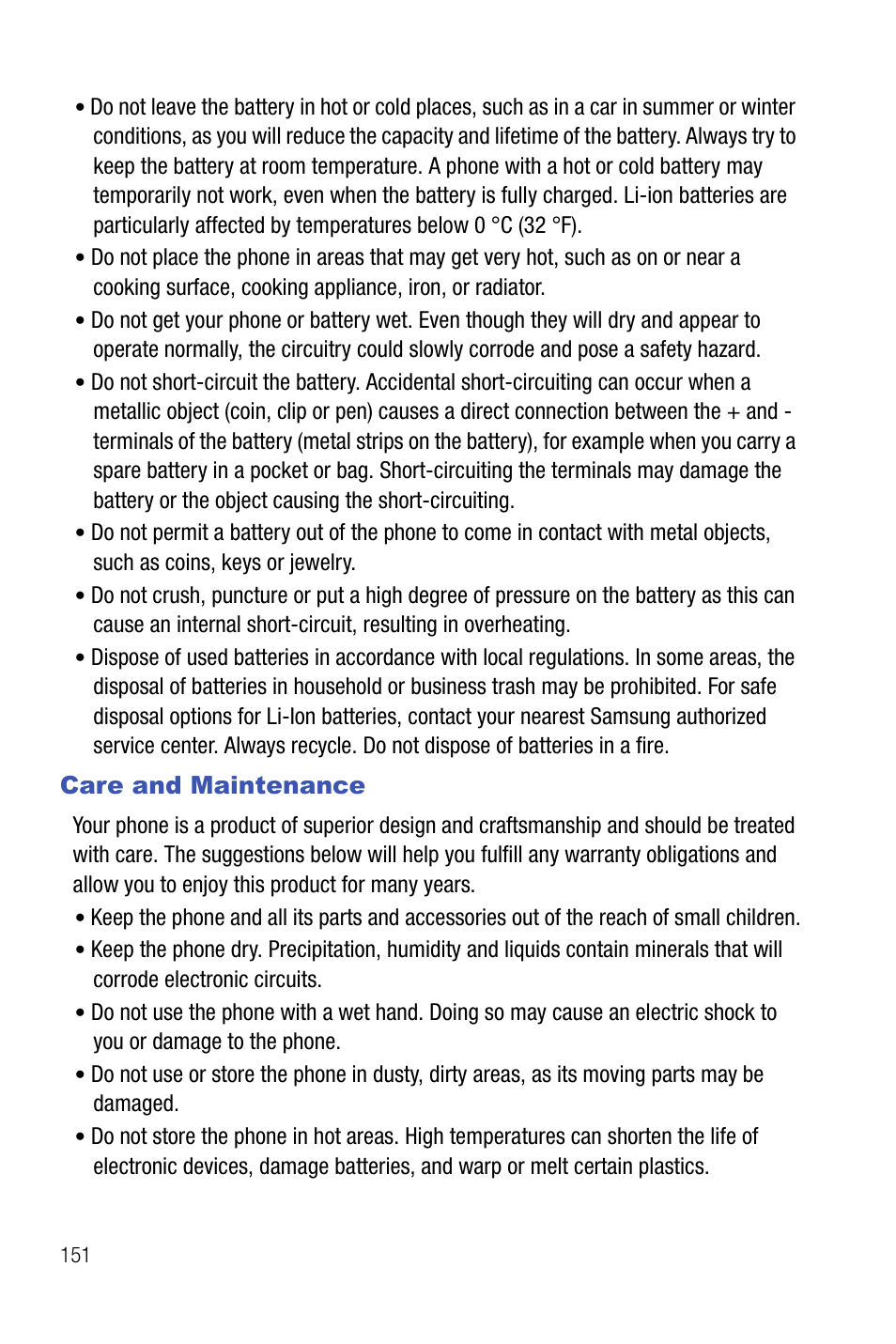 Care and maintenance | Samsung SMART DEVICE SGH-I617 User Manual | Page 154 / 162