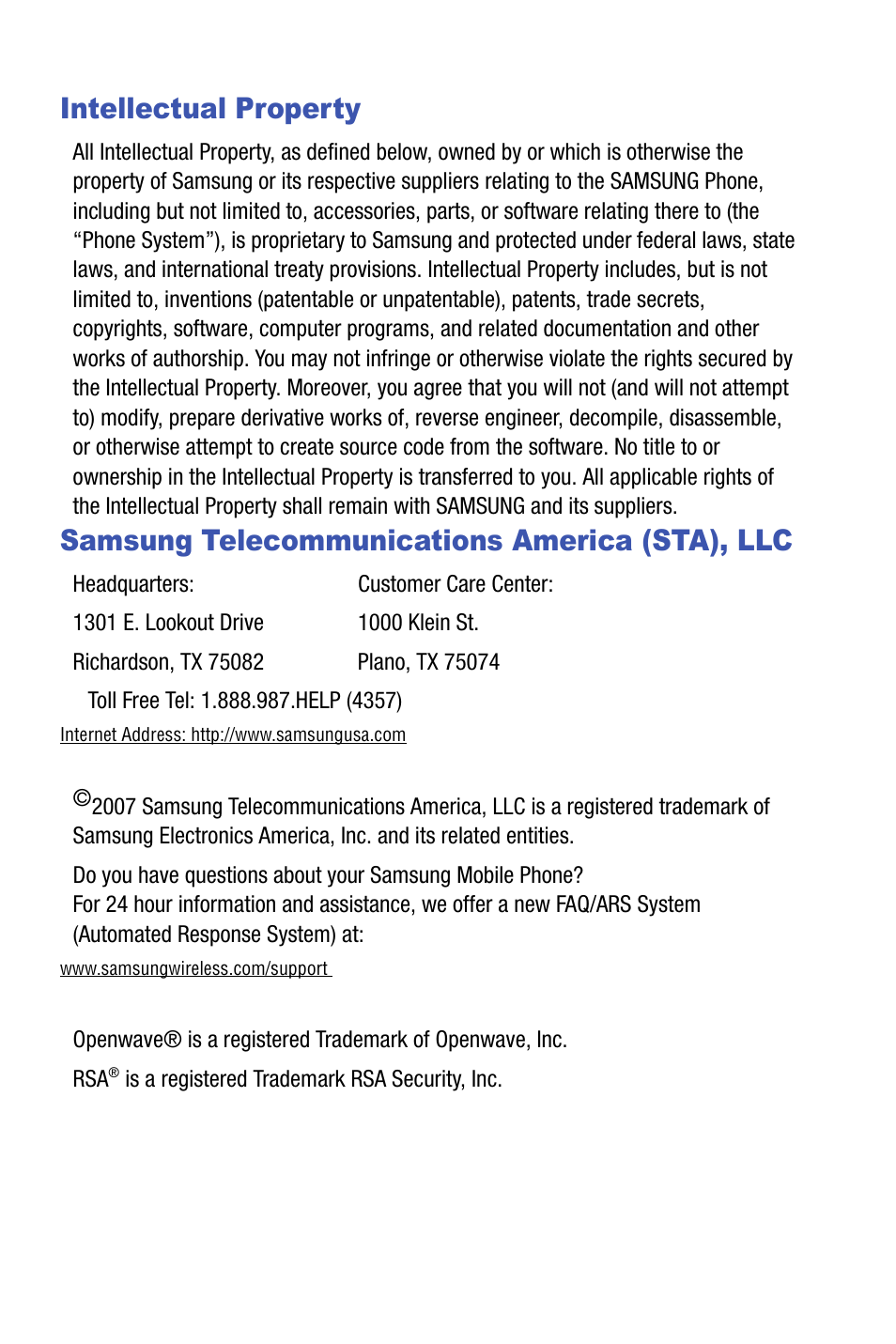 Intellectual property, Samsung telecommunications america (sta), llc | Samsung SMART DEVICE SGH-I617 User Manual | Page 2 / 162