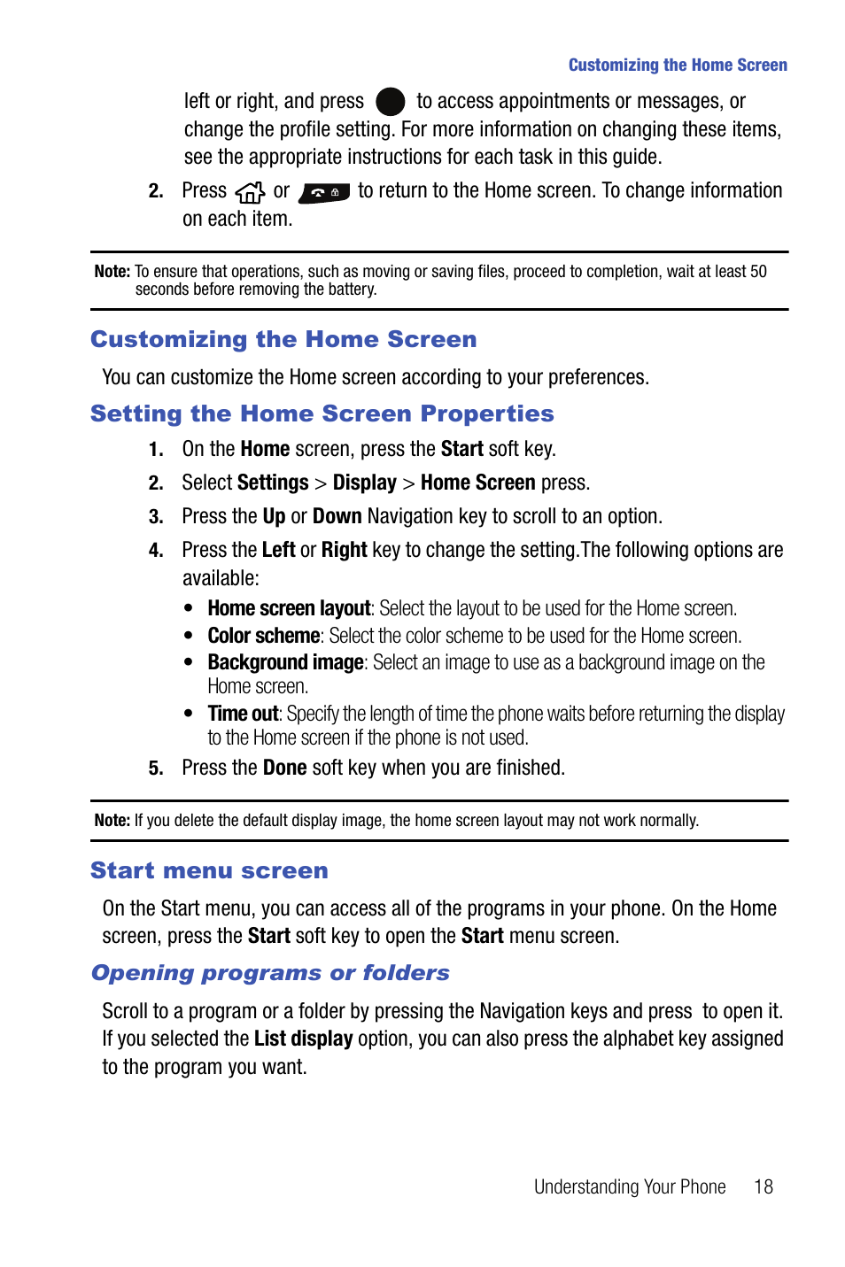 Customizing the home screen, Setting the home screen properties, Start menu screen | Samsung SMART DEVICE SGH-I617 User Manual | Page 21 / 162