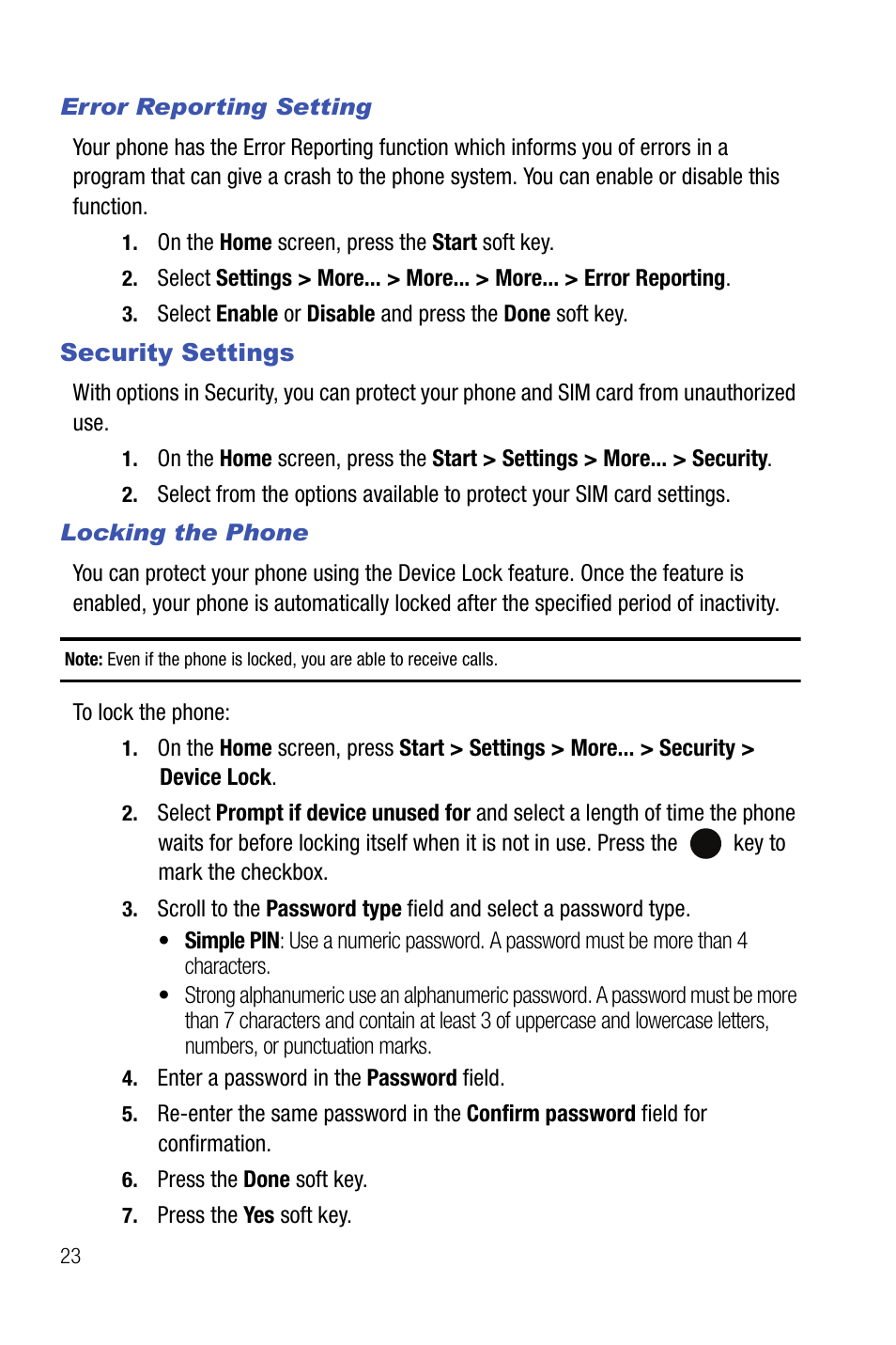 Security settings | Samsung SMART DEVICE SGH-I617 User Manual | Page 26 / 162