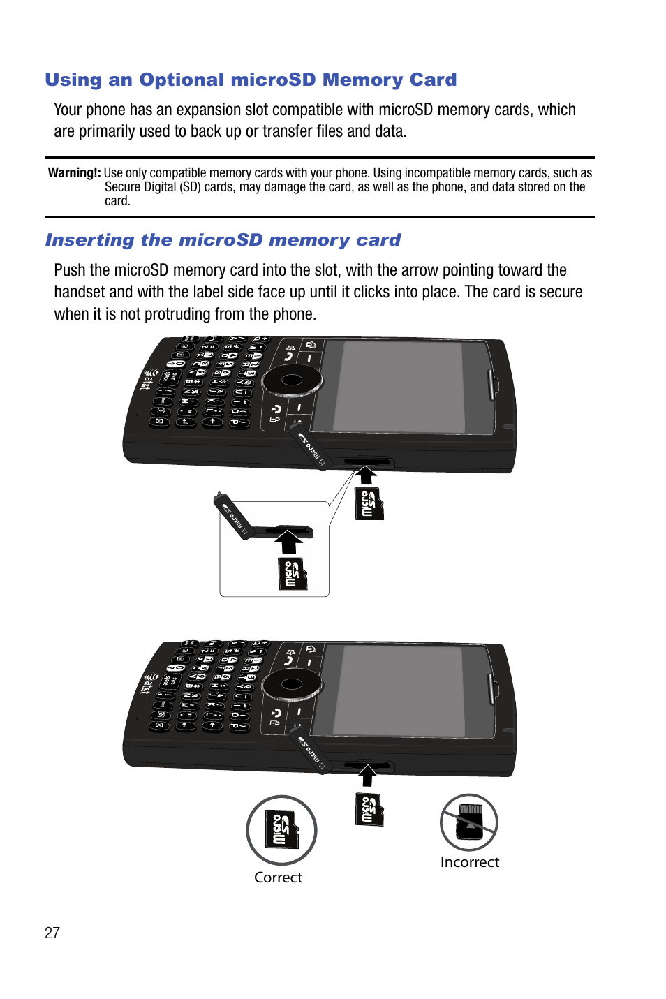 Using an optional microsd memory card | Samsung SMART DEVICE SGH-I617 User Manual | Page 30 / 162