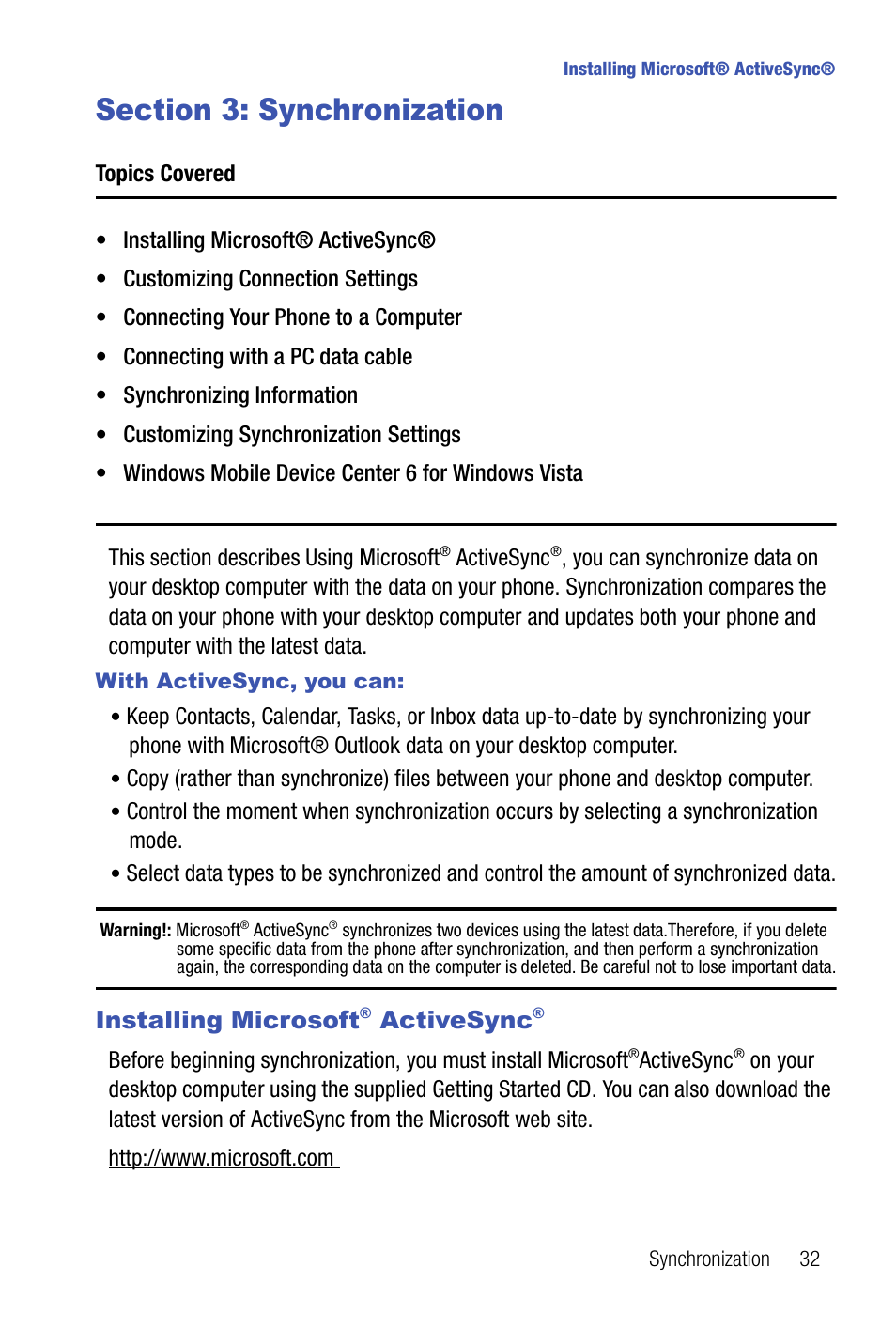 Section 3: synchronization, Installing microsoft® activesync | Samsung SMART DEVICE SGH-I617 User Manual | Page 35 / 162