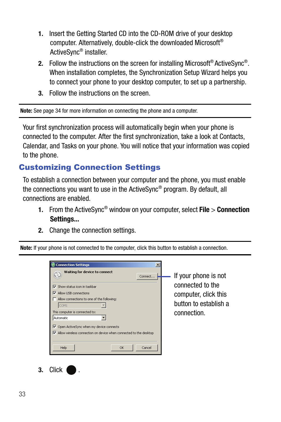 Customizing connection settings | Samsung SMART DEVICE SGH-I617 User Manual | Page 36 / 162