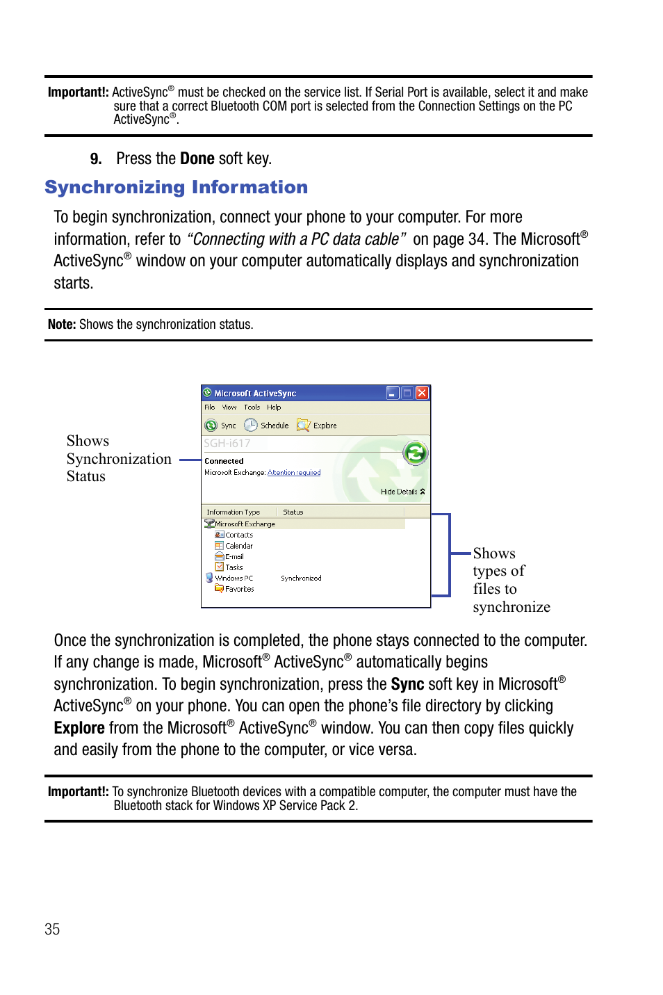 Synchronizing information | Samsung SMART DEVICE SGH-I617 User Manual | Page 38 / 162