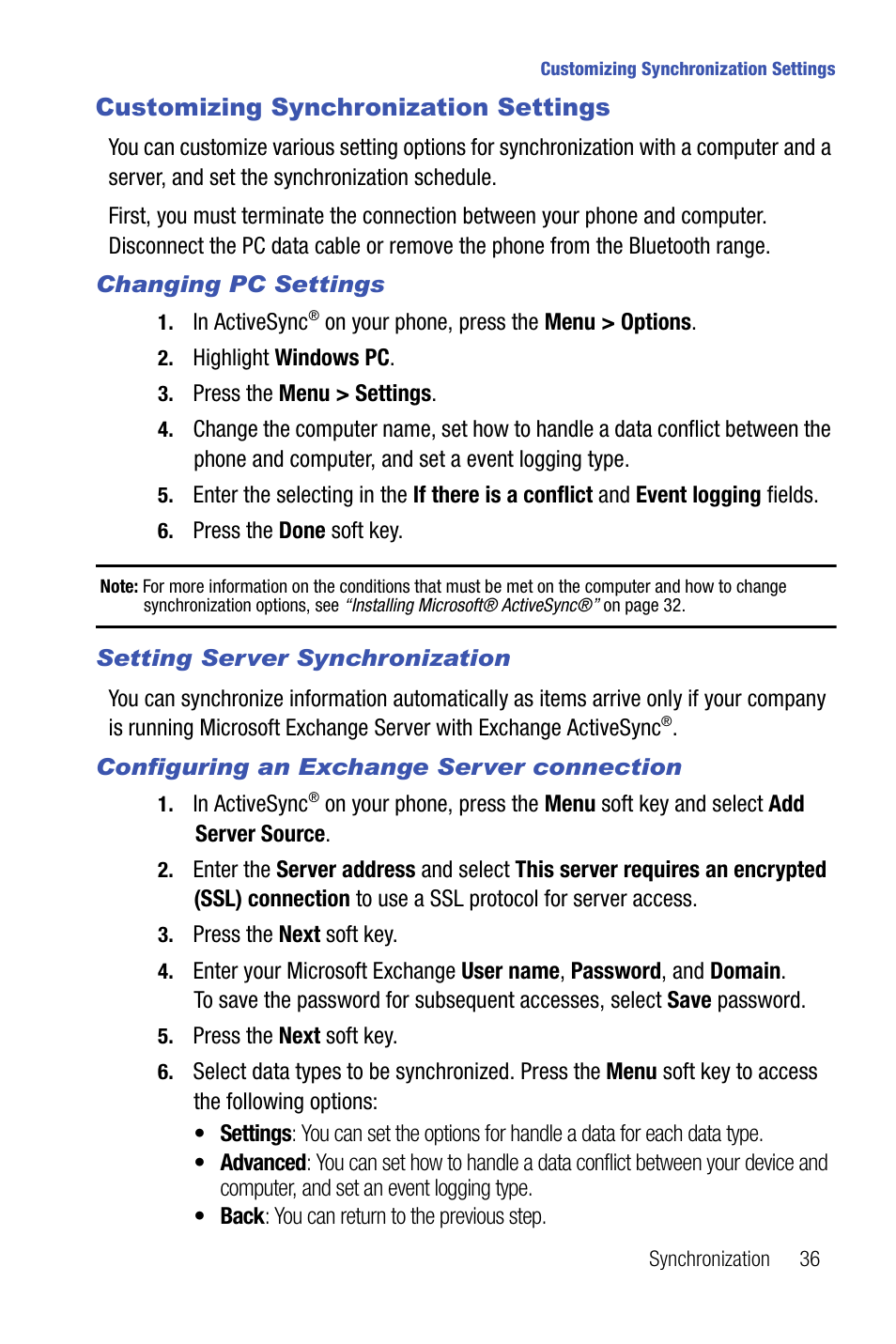 Customizing synchronization settings | Samsung SMART DEVICE SGH-I617 User Manual | Page 39 / 162