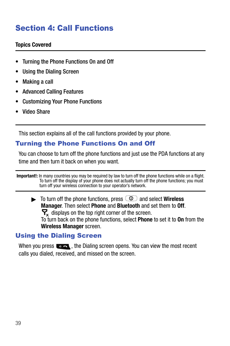 Section 4: call functions | Samsung SMART DEVICE SGH-I617 User Manual | Page 42 / 162