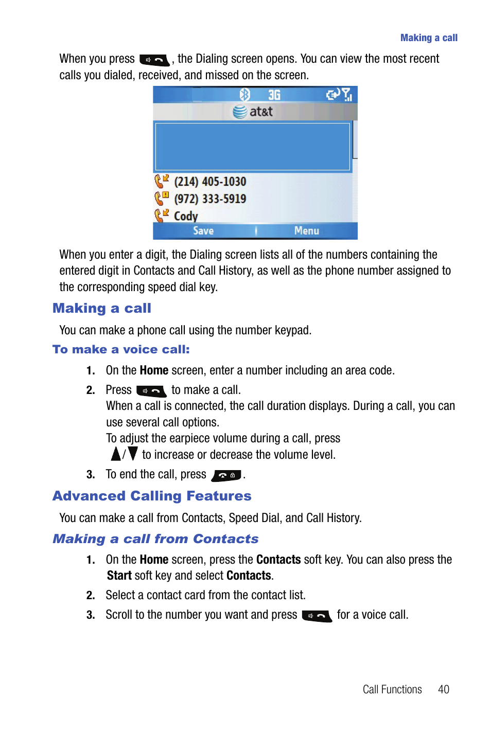 Making a call advanced calling features | Samsung SMART DEVICE SGH-I617 User Manual | Page 43 / 162