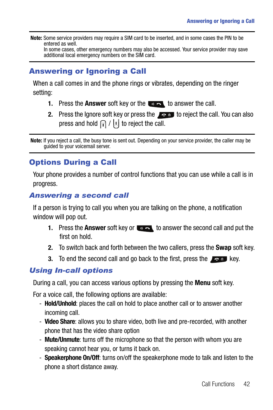 Answering or ignoring a call options during a call | Samsung SMART DEVICE SGH-I617 User Manual | Page 45 / 162