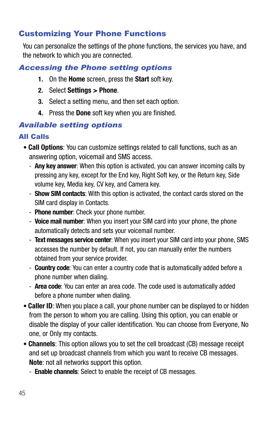 Customizing your phone functions | Samsung SMART DEVICE SGH-I617 User Manual | Page 48 / 162