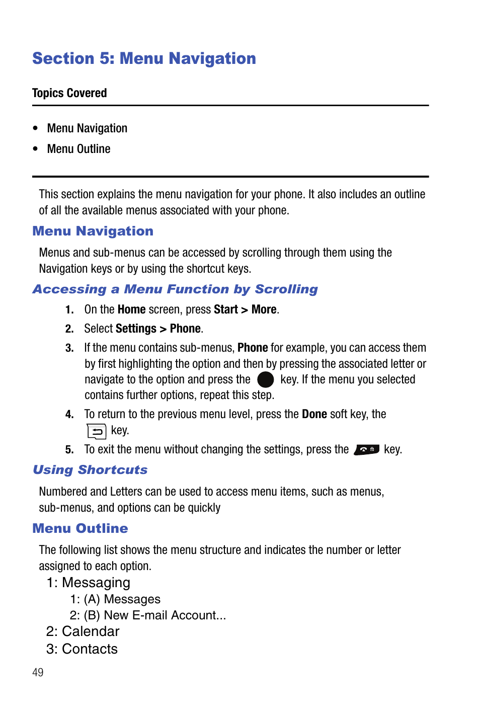Section 5: menu navigation, Menu navigation menu outline | Samsung SMART DEVICE SGH-I617 User Manual | Page 52 / 162