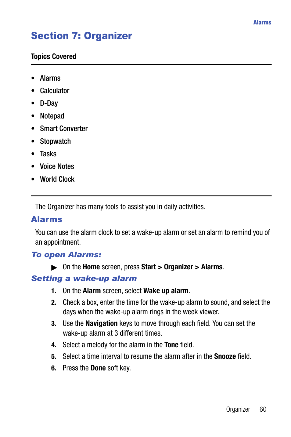 Section 7: organizer, Alarms | Samsung SMART DEVICE SGH-I617 User Manual | Page 63 / 162
