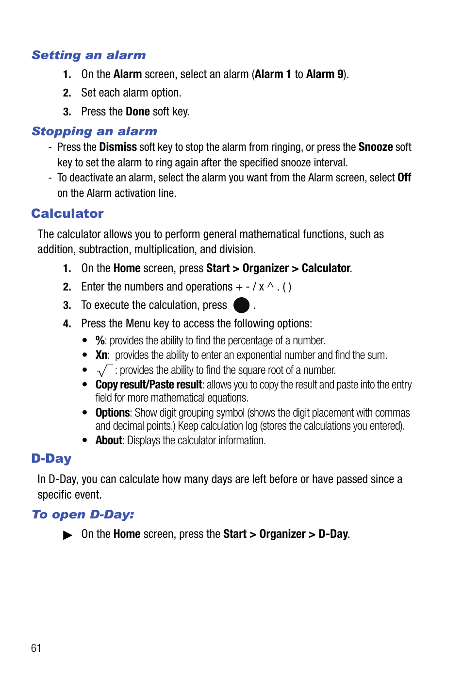 Calculator d-day, Calculator, D-day | Samsung SMART DEVICE SGH-I617 User Manual | Page 64 / 162