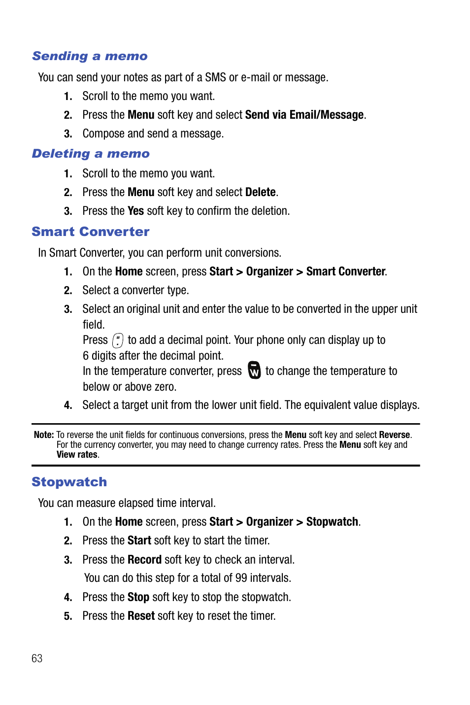 Smart converter stopwatch, Smart converter, Stopwatch | Samsung SMART DEVICE SGH-I617 User Manual | Page 66 / 162