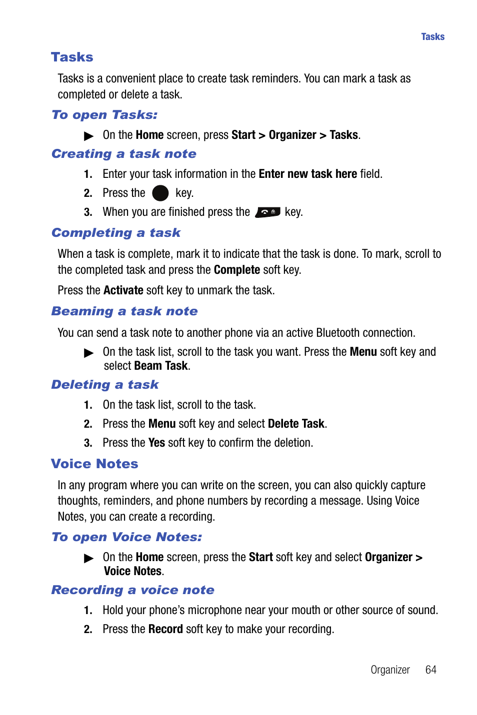 Tasks voice notes, Tasks, Voice notes | Samsung SMART DEVICE SGH-I617 User Manual | Page 67 / 162
