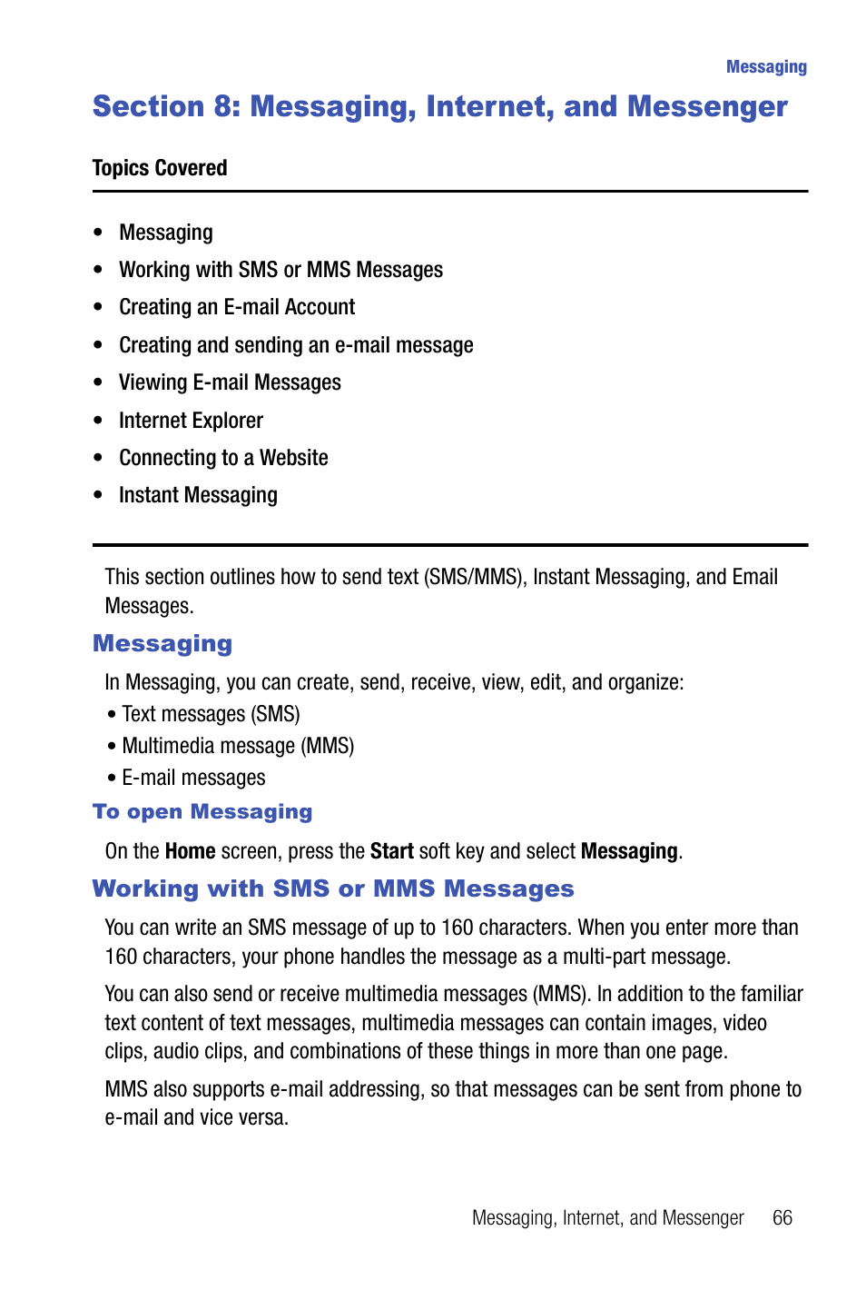 Section 8: messaging, internet, and messenger, Messaging working with sms or mms messages | Samsung SMART DEVICE SGH-I617 User Manual | Page 69 / 162