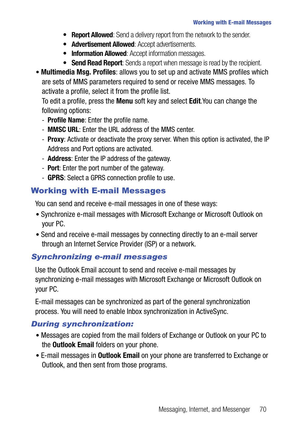 Working with e-mail messages | Samsung SMART DEVICE SGH-I617 User Manual | Page 73 / 162