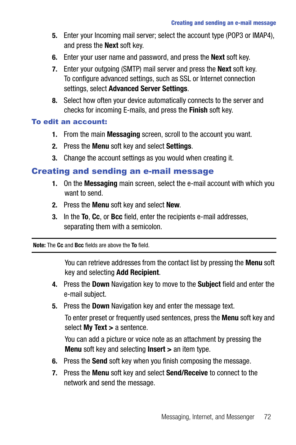 Creating and sending an e-mail message | Samsung SMART DEVICE SGH-I617 User Manual | Page 75 / 162