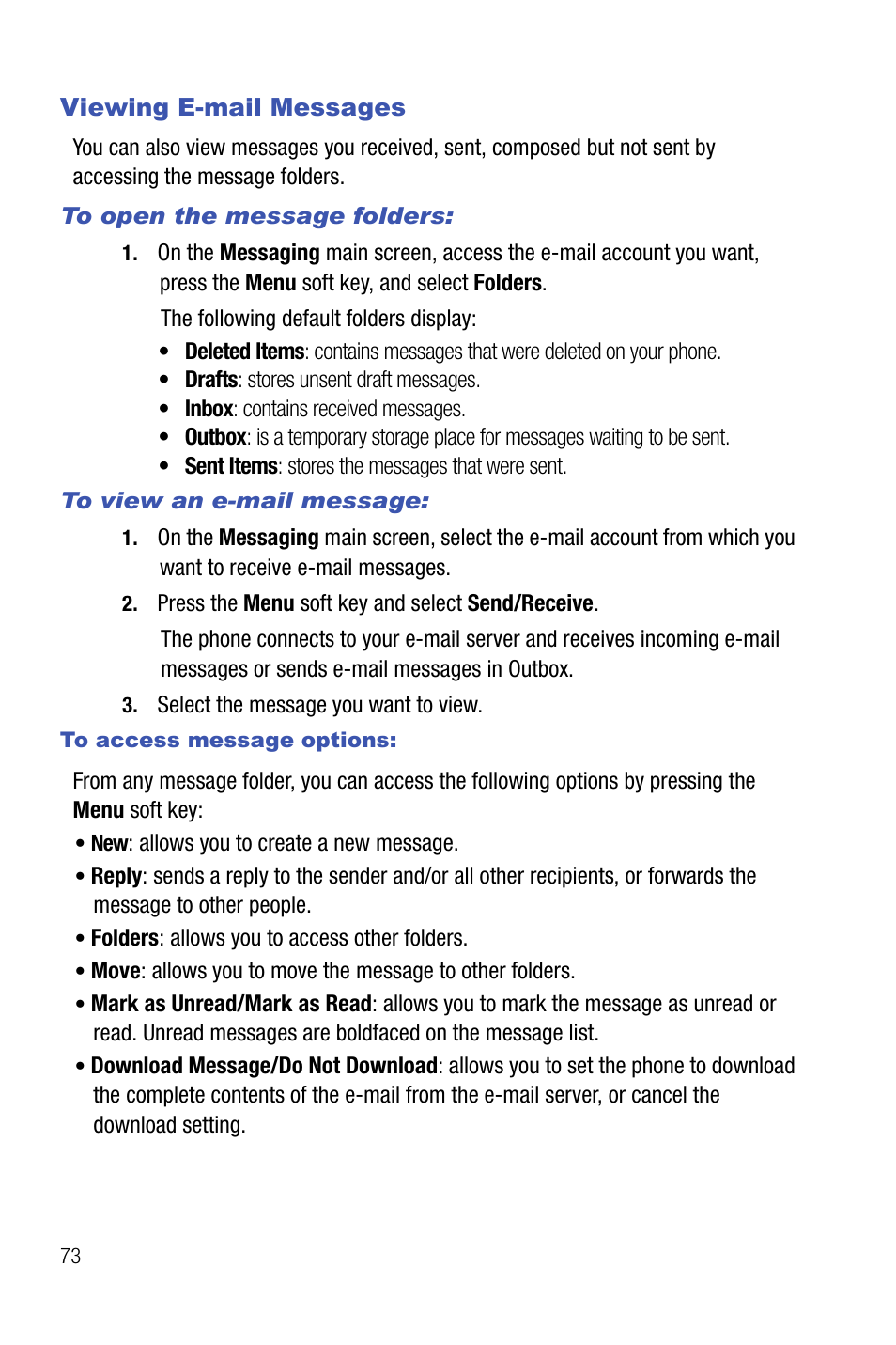 Viewing e-mail messages | Samsung SMART DEVICE SGH-I617 User Manual | Page 76 / 162