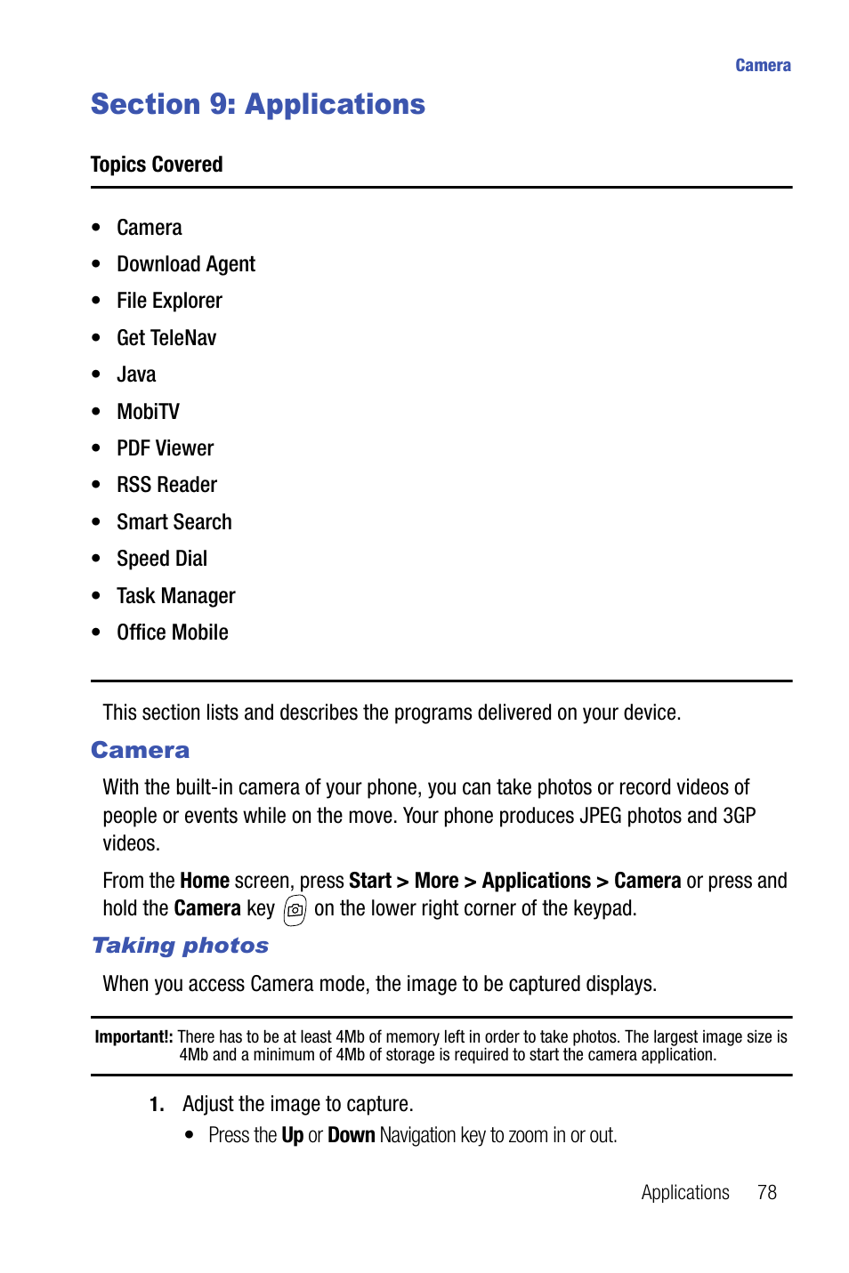 Section 9: applications, Camera | Samsung SMART DEVICE SGH-I617 User Manual | Page 81 / 162