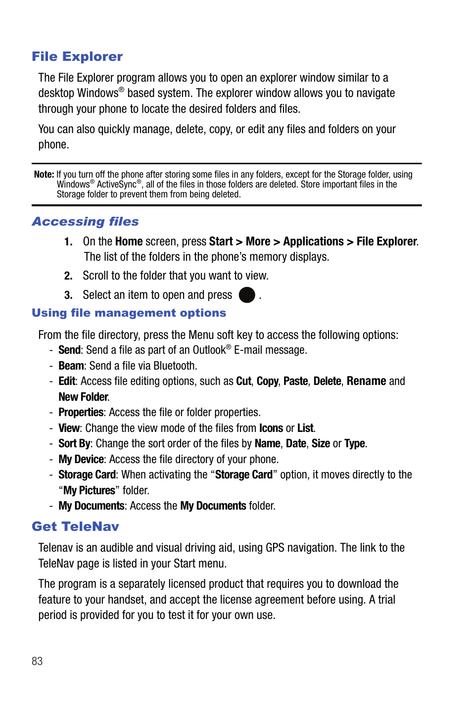 File explorer get telenav, File explorer, Get telenav | Samsung SMART DEVICE SGH-I617 User Manual | Page 86 / 162