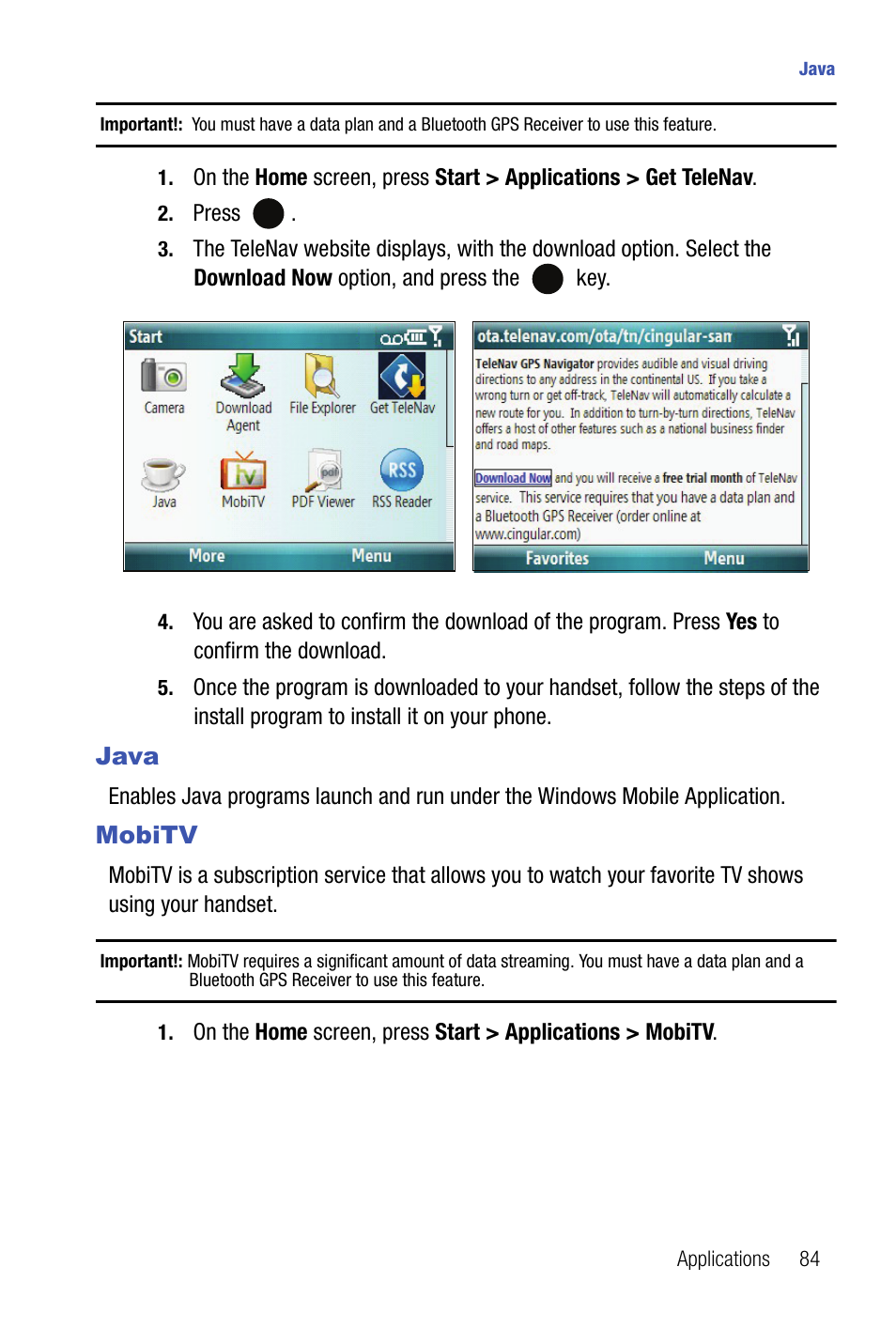 Java mobitv, Java, Mobitv | Samsung SMART DEVICE SGH-I617 User Manual | Page 87 / 162
