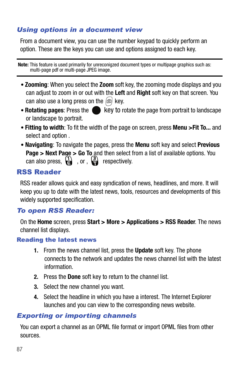 Rss reader, Key to | Samsung SMART DEVICE SGH-I617 User Manual | Page 90 / 162