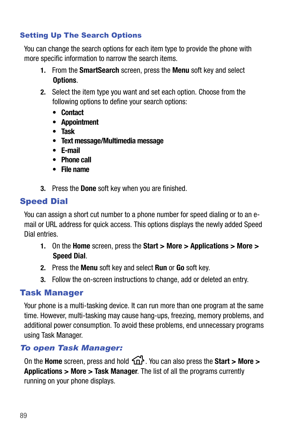 Speed dial task manager, Speed dial, Task manager | Samsung SMART DEVICE SGH-I617 User Manual | Page 92 / 162
