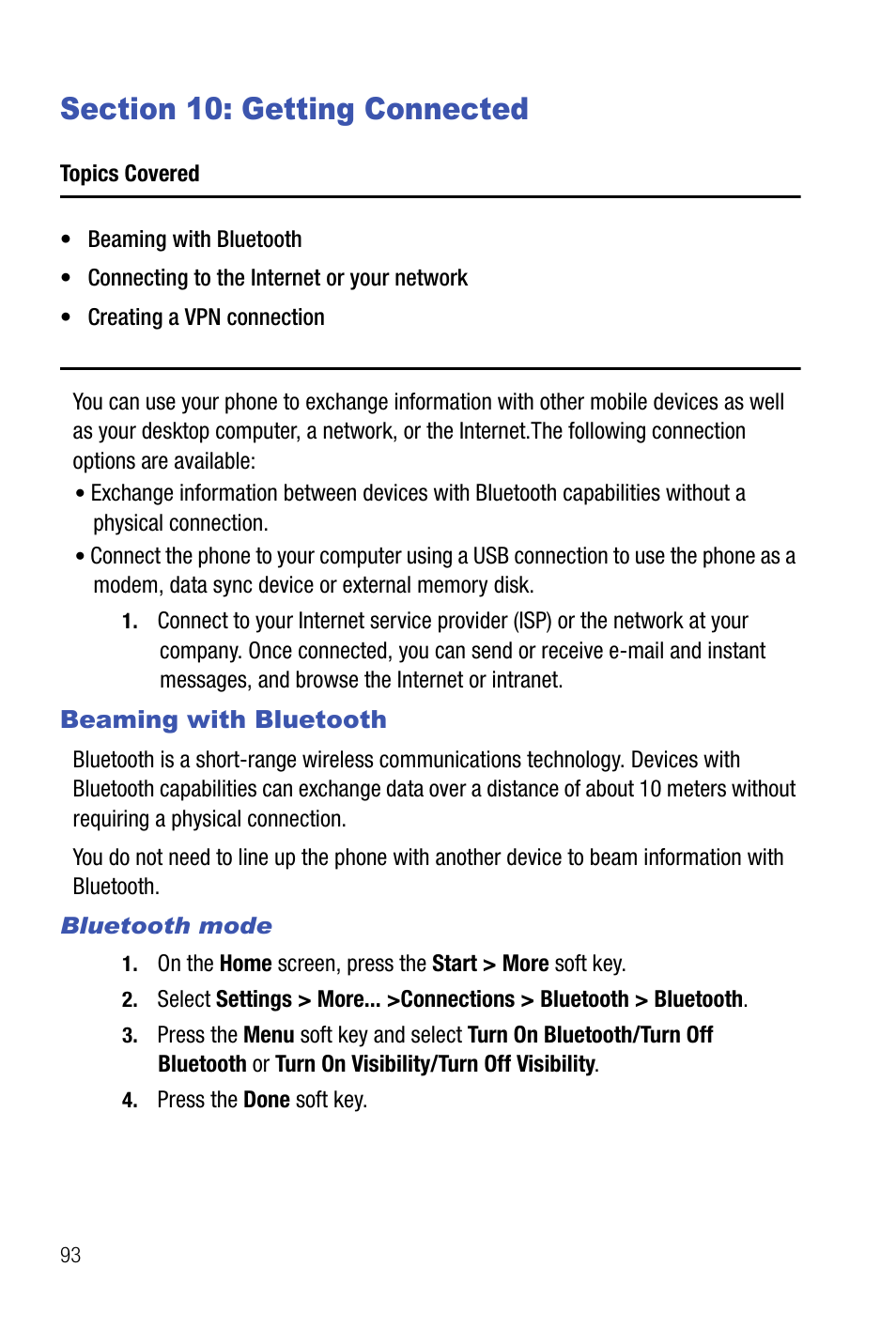 Section 10: getting connected, Beaming with bluetooth | Samsung SMART DEVICE SGH-I617 User Manual | Page 96 / 162