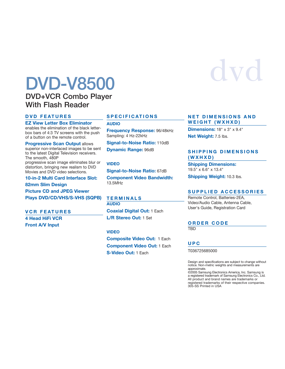Dvd-v8500, Dvd+vcr combo player with flash reader | Samsung dvdDVD-V8500 User Manual | Page 2 / 2